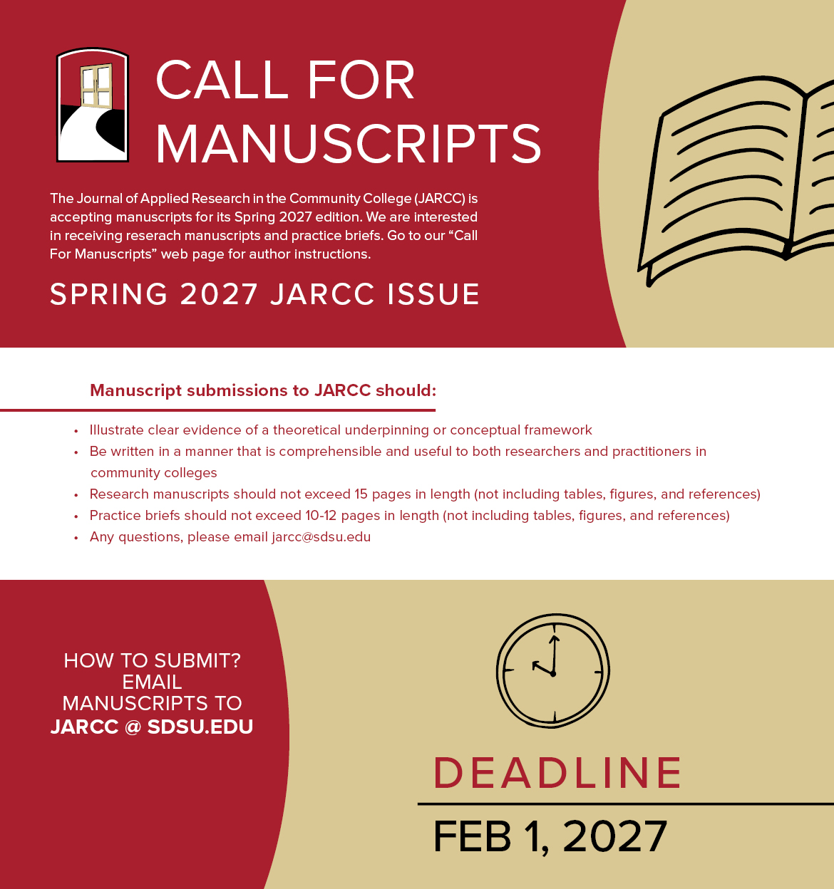 The Journal of applied research in the community college (JARCC) is accepting manuscripts for its Spring 2027 edition.